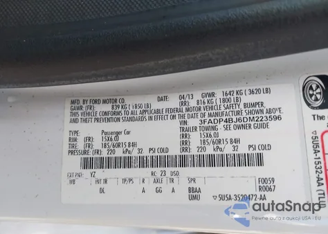 2013 Ford Fiesta Se из США, поврежденный, VIN 3FADP4BJ6DM223596